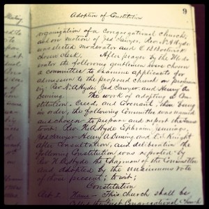 Original, handwritten copy of the church constitution circa 1869